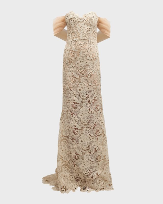 Off-Shoulder Lace Gown with Draped Tulle Detail